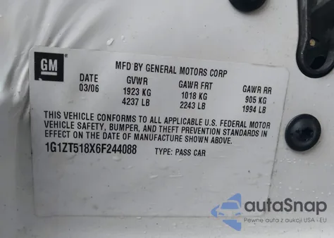 2006 Chevrolet Malibu Lt z USA, uszkodzony, nr VIN 1G1ZT518X6F244088